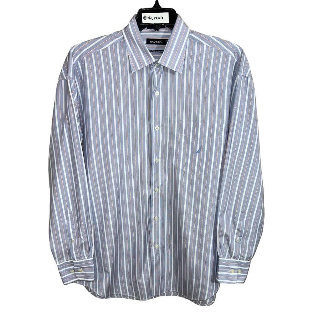 Nautica Shirt Men’s Size XL Blue White Orange Stripes Button Down Long Sleeve